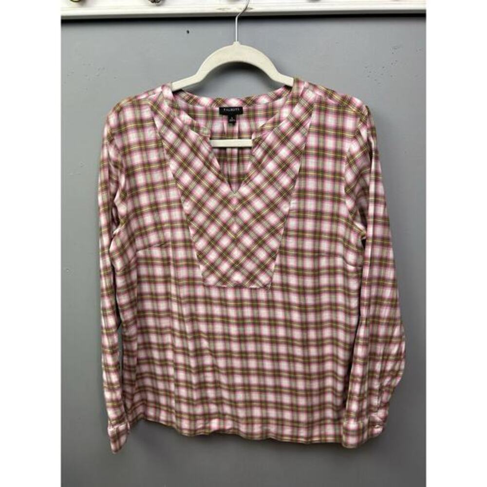 Talbots Top Womens Large Popover V-Neck Plaid Pink Pastel Lightweight Preppy